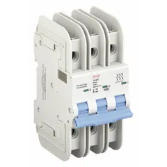 This 3-pole miniature circuit breaker features a B-curve trip characteristic for overcurrent protection of resistive and lighting loads with low inrush currents. Rated 16 A with a maximum interrupting rating of 10 kA at 480 V AC, it mounts on standard DIN rails and uses lug terminal connections. Not rated for DC voltage.