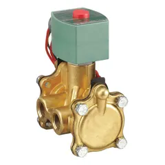 This REDHAT solenoid valve is a 3-way/2-position normally open type with a 3/8 in pipe size. It operates on 120V AC (also rated 110V AC) and includes a manual operator for temporary override. The coil enclosure is supplied without a junction box. Typical applications include flow control of air, water, or light oil in industrial automation, HVAC, and process control systems.