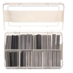 This 70-piece assortment includes straight, undersized inch machine keys, each 1.5 inches long, with a width tolerance of +0.000/-0.002 inches. Used for securing rotating components such as gears and pulleys to shafts in industrial maintenance and repair applications.