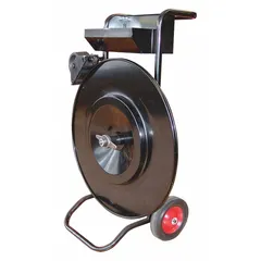 This heavy duty strapping cart is designed for dispensing steel strapping from ribbon wound coils. It accommodates strapping widths from 3/4 in to 1 1/4 in. Used in packaging operations for efficient handling and dispensing of steel strapping.