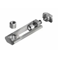 Aluminum milling connector from the 45 Series, measuring 59 mm x 19.5 mm x 5.5 mm, designed for use with 10 mm slot width profiles. Features a zinc-plated finish and gray color. Used in structural framing systems to join aluminum profiles for applications such as machine guards, workstations, and material handling structures.
