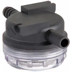 This polypropylene inline strainer features a black body with a clear bowl, a stainless steel screen (0.0165 in mesh), and a Buna-N seal. It has a 3/8 in barb connection and measures 2 1/4 in height. Used for removing particulates in fluid systems to protect downstream components.