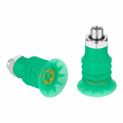 This vacuum pad assembly features a multi-bellows design with 4.5 folds for flexible handling of irregular or delicate surfaces. It has a 42 mm pad diameter and a G3/8 in vacuum port, with a green color indicating food-safe material. Suitable for automated material handling and packaging applications in hygienic environments.