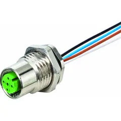 M12 female rear mounting receptacle with A-coding and 5 pins. Wire lead length 0.5 m, wire size 0.34 sq mm, cable jacket material PP. Rated IP67 and NEMA 6P for dust and water ingress protection. Used for signal and low-power connections in industrial control systems.