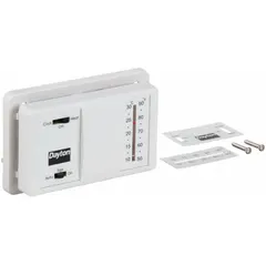 Rectangular analog thermostat for heat and cool systems, operating on 20 to 30V AC. Manual changeover with Cool-Heat-Off system settings and slide switch control. Fan settings include Auto-On. Temperature control range 50° to 90°F with 2 to 3°F differential. Terminal designations include Y.