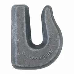 This forged steel towing hook is Grade 70 rated for heavy-duty towing and recovery applications. It measures 3 15/16 inches in overall length and 2 15/16 inches in width, with a silver finish. Suitable for use with chains or straps in vehicle recovery or equipment hauling.
