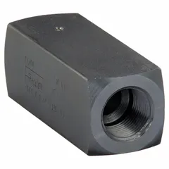 Steel-bodied check valve with 3/4 in NPT inlet and outlet connections. Rated for 5000 psi and 25 gpm. Allows flow in one direction and prevents backflow in hydraulic systems.