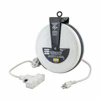 Self-retracting cord reel with ratchet lock mechanism for adjustable cord length. Features 30 ft of 16 AWG SJT cable, NEMA 5-15P feeder plug, and NEMA 5-15R retractable outlet. Suitable for managing power cords in workshops and industrial environments