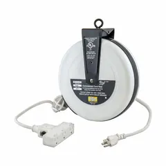Self-retracting cord reel with ratchet lock mechanism for adjustable cord length. Features 30 ft of 16 AWG SJT cable, NEMA 5-15P feeder plug, and NEMA 5-15R retractable outlet. Suitable for managing power cords in workshops and industrial environments.