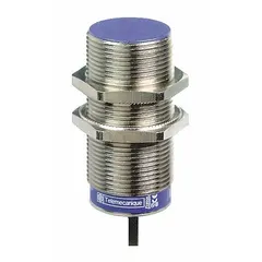 Shielded cylindrical proximity sensor with non-terminated cable and normally open output. Operates on 24-240V AC or DC supply. Used for non-contact detection of metallic objects in industrial automation, such as position sensing and part detection.