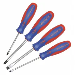 This 4-piece screwdriver set includes Phillips and slotted tip drivers with ergonomic grips for comfortable use. The magnetized tips help hold fasteners in place during assembly, maintenance, and repair tasks.