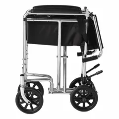 This transport standard wheelchair features a nylon flat frame with full-length armrests and swingaway footrest. Seat width is 19 inches, seat depth 16 inches, and back height 19 inches. Suitable for moving individuals with limited mobility in healthcare, institutional, or home settings.