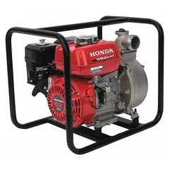 Engine-driven water pump with a 3 1/2 hp recoil-start engine and cast-iron volute. Delivers 131 gpm flow rate at 20 ft of head. Features 2 in MNPT inlet and outlet connections. Kit includes hose clamps and strainer. Suitable for dewatering, irrigation, and general water transfer applications.