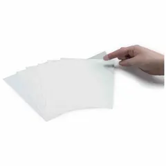 Clear polyester laminate sheet with permanent adhesive, measuring 5 1/2 inches high by 7 1/2 inches wide. Applied over labels and signs to protect against abrasion, chemicals, and moisture in industrial environments.