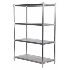 This VESTIL open metal shelving unit is constructed with stainless steel solid shelves in a silver finish. Each shelf supports up to 600 lb, suitable for organizing tools, parts, and equipment in warehouses, factories, and maintenance facilities.