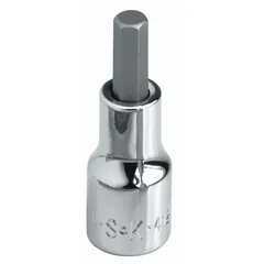 This hex bit socket features a 1/2 in drive size and a 1/2 in hex tip, with an overall length of 4 5/32 in. It is designed for driving hex-head fasteners in applications such as automotive repair and machinery assembly. The replaceable insert allows for extended tool life in high-torque use.