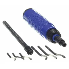 This adjustable-length hand deburring tool set includes a telescopic blade holder for extended reach and six blades (trade numbers B10, B20, B30, E100, E200, E300). Suitable for deburring and edge finishing on metal, plastic, and wood parts in machining and fabrication applications.