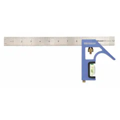 Square-type combination square with a 12-inch steel blade and 1/32-inch graduations. Aluminum body. Used for measuring and marking 90-degree angles, checking squareness, and layout work in fabrication and woodworking.