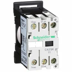 DIN rail-mounted IEC control relay with a 24V AC coil, 1 normally open and 1 normally closed contact, rated at 10 A. Suitable for switching and isolation in industrial automation, motor control centers, and panel building applications.