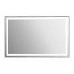 Rectangular lighted vanity mirror with beveled edge, constructed of glass. Measures 60 in wide, 36 in high, and 1 1/2 in deep. Designed for front mounting in bathrooms to provide illumination for grooming and daily use.