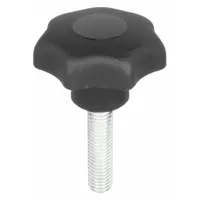 Plastic knob with steel threaded stud, M6 thread, 10 mm thread length, 32 mm diameter. Seven-arm design provides secure grip for manual adjustment and clamping on machinery, jigs, and fixtures
