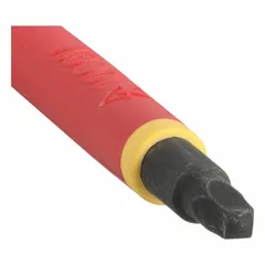This insulated square screwdriver features a #2 tip size and 8-inch overall length. The friction-type design and cushion grip provide control during use. Suitable for electrical work where protection against shock is required, such as tightening or loosening square-drive screws in panels and junction boxes.