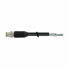 Single-ended cordset with M12 male straight connector on one end and bare wire on the other. Features 8 pins, 3 m cable length, 20 AWG wire size, and green PUR jacket. Rated IP67, supports up to 6 A. Suitable for sensor/actuator connections in industrial environments requiring resistance to abrasion and chemicals.
