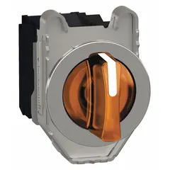 This 30 mm panel-mount illuminated selector switch from the XB4 series features a short-handled knob operator with plastic head and metallic bezel. It provides three maintained positions (On-Off-On) with 1NO/1NC contact configuration. Rated AC 1.2 A @ 600 V and DC 0.55 A @ 125 V, it is used for machinery control panels and process automation where a compact illuminated selector is required.