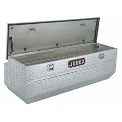 This single-lid utility chest truck box is constructed of silver aluminum with an overall depth of 27 5/8 inches. It features a paddle handle latch for secure access. Designed for organized storage of tools and equipment in service trucks, work vans, and fleet vehicles.