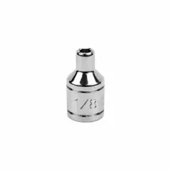 This 1/4" drive hand socket features a 1/8" SAE hex size with a 6-point standard configuration. Constructed with a chrome finish, it is used for tightening or loosening small fasteners in precision applications.
