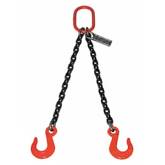 This Grade-100 double-leg chain sling is constructed with alloy steel sling hooks and a 7/32 in chain trade size. It is used for overhead lifting and rigging in industrial settings, providing balanced load distribution for hoisting heavy materials.