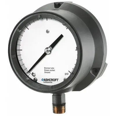 ASHCROFT Process Pressure Gauge: 0 psi to 400 psi, White, 4 1/2 in Dial, 1/2 in NPT Male - Vibration-Resistant Brass/Bronze Wetted Parts & Plastic Casing