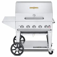 Propane-fueled wheeled grill with 5 burners delivering 79,500 BtuH heating capacity. Accommodates one 20 lb propane tank. Overall height 52 in, depth 28 in. Suitable for outdoor cooking in commercial or large-event settings.