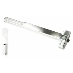 Rim-type exit device with touchbar style, chrome finish, and night latch outside trim. Designed for doors up to 3 ft wide. ADA compliant for accessibility. Suitable for commercial buildings requiring safe egress.