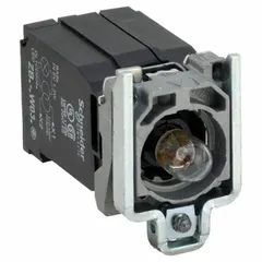 This SCHNEIDER XB4 series contact and light block assembly includes a bulb and provides a 1NO contact configuration. It operates at 110 to 120V AC and features a clear lens. Suitable for 22 mm panel mounting in industrial control panels and automation systems.