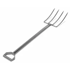 This hygienic fork features four tines with a 12-inch length and a 32-inch D-handle. It is FDA compliant and NSF certified for use in sanitary handling of food or pharmaceutical products in industrial environments.