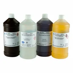 Wide range pH indicator solution in a 500 mL bottle. CAS number 1310-58-3. Used as a calibration standard for pH meters and testing equipment in water quality analysis and laboratory applications.