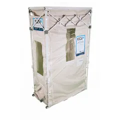 This particle containment unit is designed to control airborne particles during industrial maintenance, renovation, or construction tasks. It creates a controlled work zone to protect surrounding areas from dust and debris. The unit has an overall length of 62 1/2 inches and includes a canvas storage cover bag.