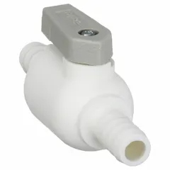This Parker ball valve features a one-piece polypropylene body with barb x barb connections and a lever handle for manual flow control. It is suited for low-pressure fluid handling in applications requiring corrosion resistance, such as chemical processing and water treatment.
