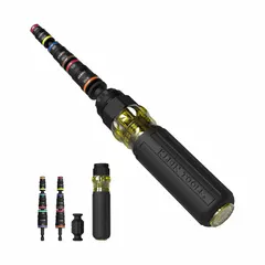 This combination multi-bit screw and nut driver features 17 tips with a magnetic quick-change mechanism for fast bit swaps. The tool has an overall length of 10 3/4 inches and is designed for driving screws and nuts in general assembly, maintenance, and repair tasks.