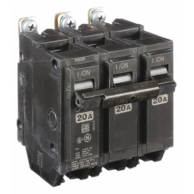 GE Miniature Circuit Breaker: THQB, 20 A, 120/240V AC, Three Phase, 10kA at 120/240V AC - THQB & THHQB Series, Bolt-On GE Miniature Circuit Breakers