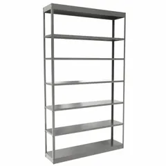 This HALLOWELL heavy-duty shelving unit features a steel frame and steel shelves, measuring 48 inches wide by 12 inches deep with an overall height of 84 inches. It includes seven shelves and is finished in gray. The unit is unassembled and uses a bolted and clip-mount design for stability. Suitable for organizing tools, parts, and bulk materials in industrial storage environments.