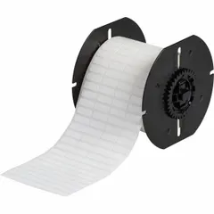 Vinyl wraparound label, black on white, sized 3/4 in x 1/4 in, for wire gauges 8 AWG to 1 AWG. Compatible with i3300 printer series; requires B30-R6200 ribbon. Used for industrial wire and cable identification in facility environments.