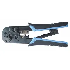 This modular data plug crimper is designed for terminating RJ-11, RJ-12, and RJ-45 connectors onto non-insulated cables. It features a deluxe cushion grip for comfort and a 7 1/4-inch overall length. Commonly used in telecommunications and network cabling for creating snagless connections.
