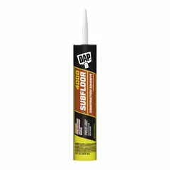 DAP 4000 Subfloor Construction Adhesive is a 28 fl oz cartridge adhesive in tan color with a VOC content of 420 g/L. It is designed for bonding subfloor panels and decking to joists in construction applications, helping to reduce squeaks and nail pops.