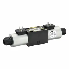 Solenoid-operated directional control valve with D03 NFPA interface, three positions, and 12V DC operation. Used to direct hydraulic fluid flow in industrial machinery, manufacturing automation, material handling, and mobile equipment requiring precise actuator control.
