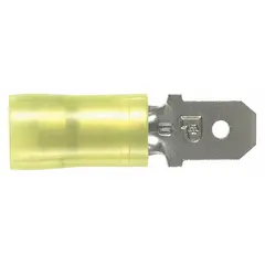 Partially insulated quick disconnect with male tab terminal, featuring yellow nylon partial insulation. Accepts 12 AWG to 10 AWG wire sizes. Used for semi-insulated connections in control panels, industrial machinery, and electrical distribution systems.