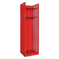 Steel open-front locker with red galvanneal finish, 2 shelves, 4 compartments, and a hanging rod. Frame is assembled. Suitable for storing and airing turnout gear in fire stations or similar environments