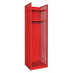 Steel open-front locker with red galvanneal finish, 2 shelves, 4 compartments, and a hanging rod. Frame is assembled. Suitable for storing and airing turnout gear in fire stations or similar environments.