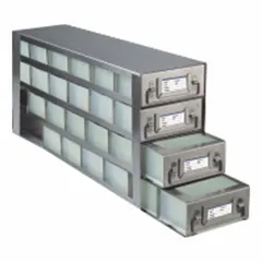 This cold storage rack is constructed of stainless steel and includes pull out drawers. It is designed for organizing and storing items in freezer environments, suitable for laboratory or commercial cold storage applications. Overall width is 5 1/2 inches.